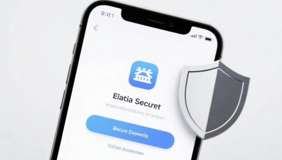 一部现代智能手机屏幕上显示新航应用的安全下载界面,旁边有安全盾牌图标,背景简洁